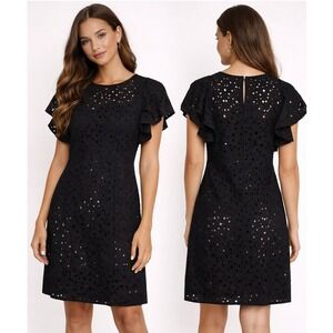 Club Monaco Eyelet Shift Dress Womens Size 2 Black Romantic Ruffle Aesthetic